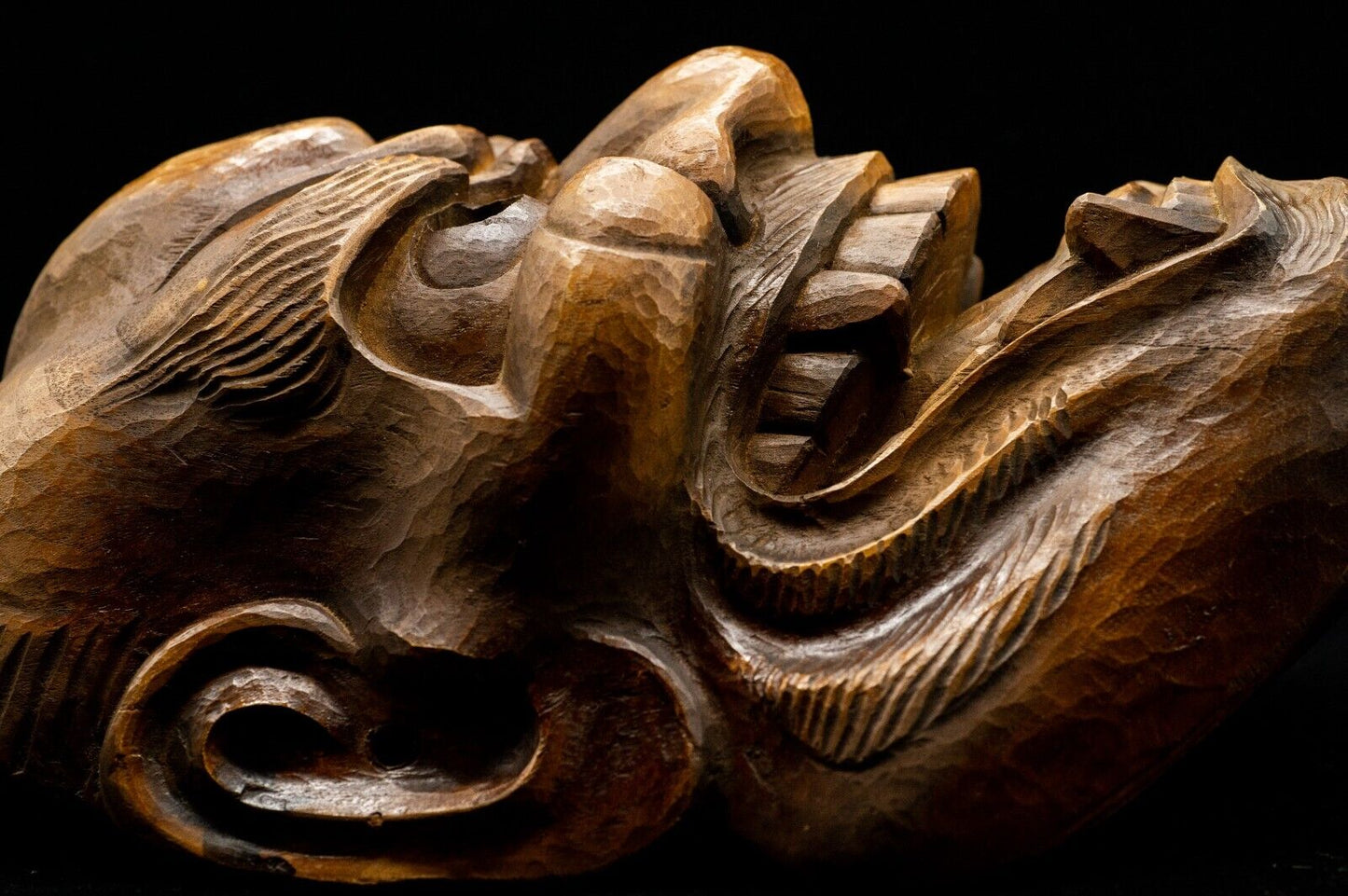 Excellent carving Wooden Noh Mask 獅子 Shishi Lion Japanese Antique Noh Men