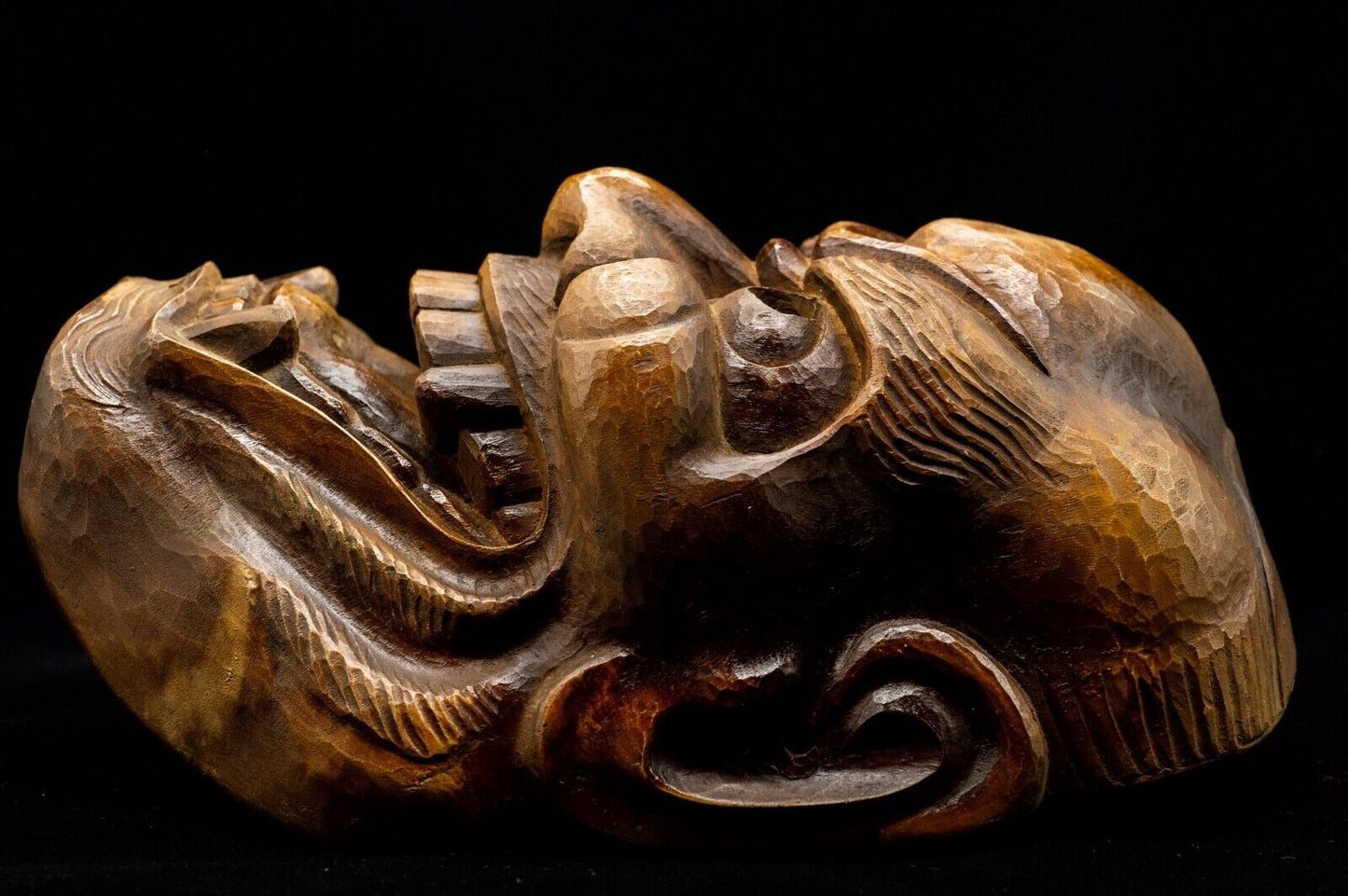 Excellent carving Wooden Noh Mask 獅子 Shishi Lion Japanese Antique Noh Men