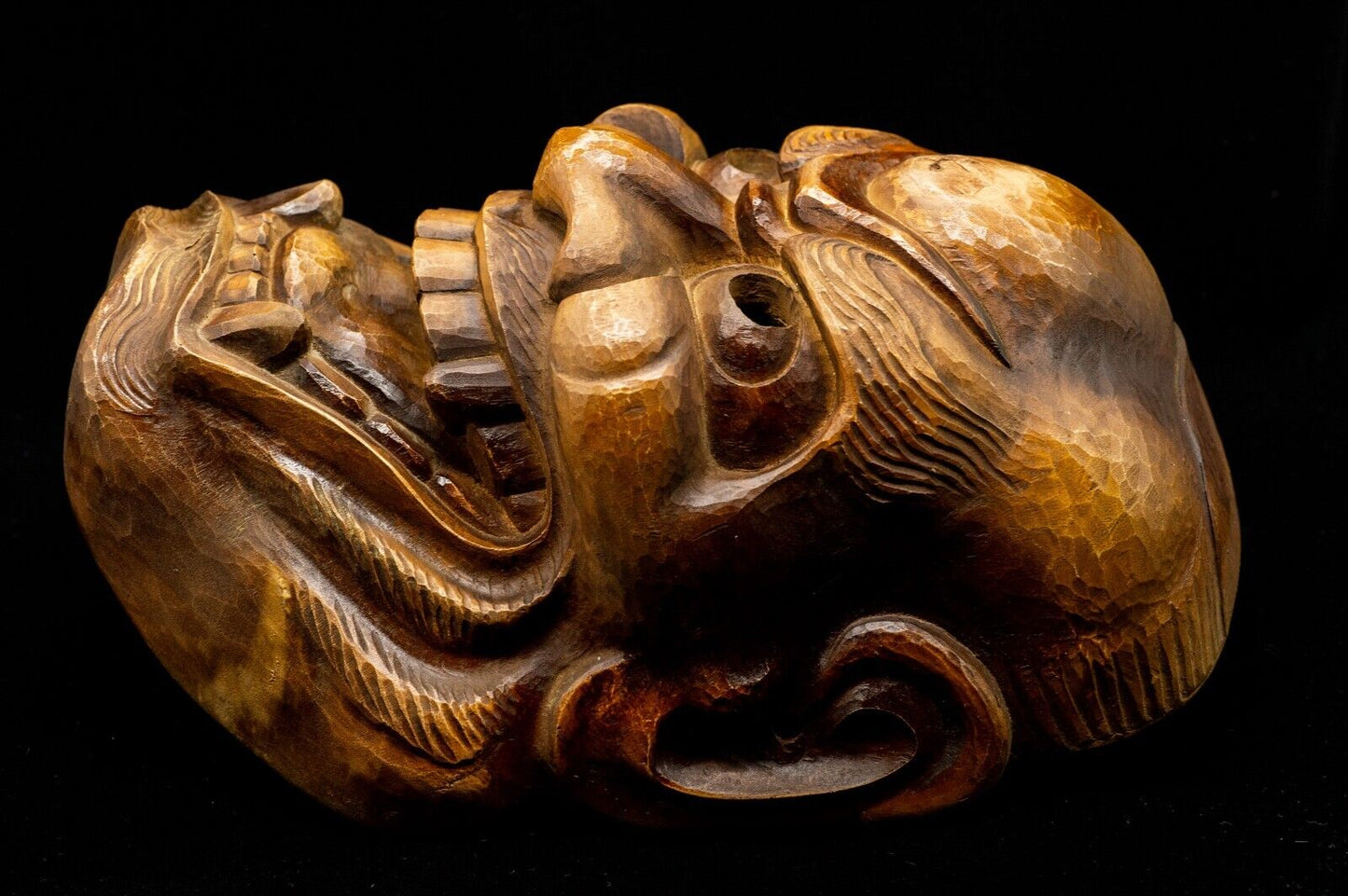 Excellent carving Wooden Noh Mask 獅子 Shishi Lion Japanese Antique Noh Men