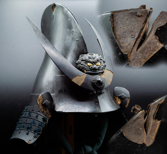 Super Rare Genuine Antique Samurai Helmet with SWORD WOUND KABUTO Edo Period F/S