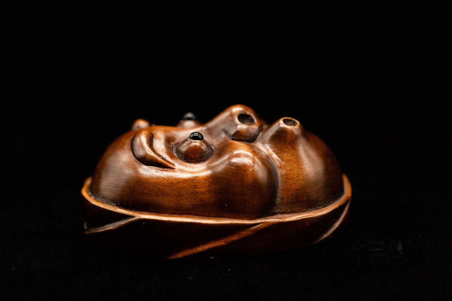 Signed Wooden NETSUKE Hyottoko 火男 Japanese Antique Vintage