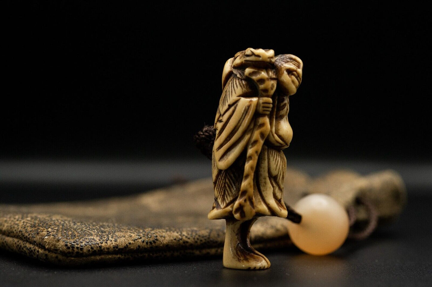 Stag Antler NETSUKE Hermit w/Bag Japanese Edo - Meiji Antique Vintage