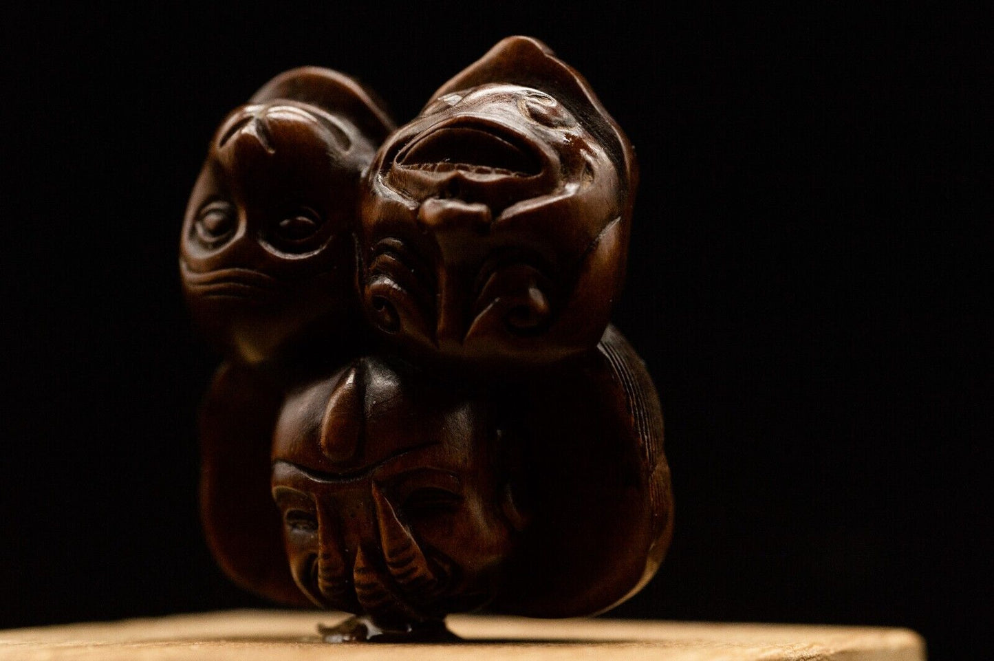 Signed Wooden NETSUKE Faces Japanese Antique Vintage