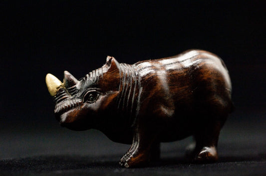 Signed Wooden NETSUKE Rhinoceros Japanese Woodcraft Antique Vintage