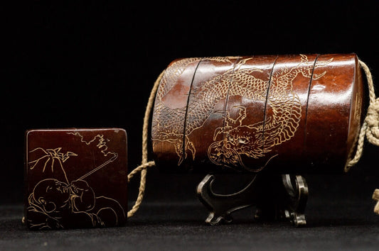 Singed Antique Tiger & Dragon Inro Netsuke Edo - Meiji Period Samurai Antique