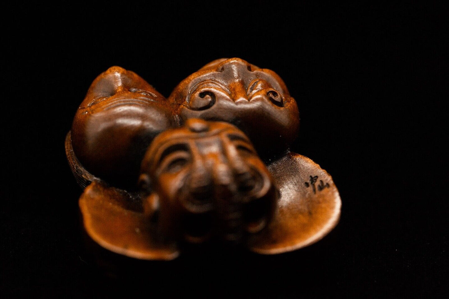 Signed Wooden NETSUKE Faces Japanese Antique Vintage