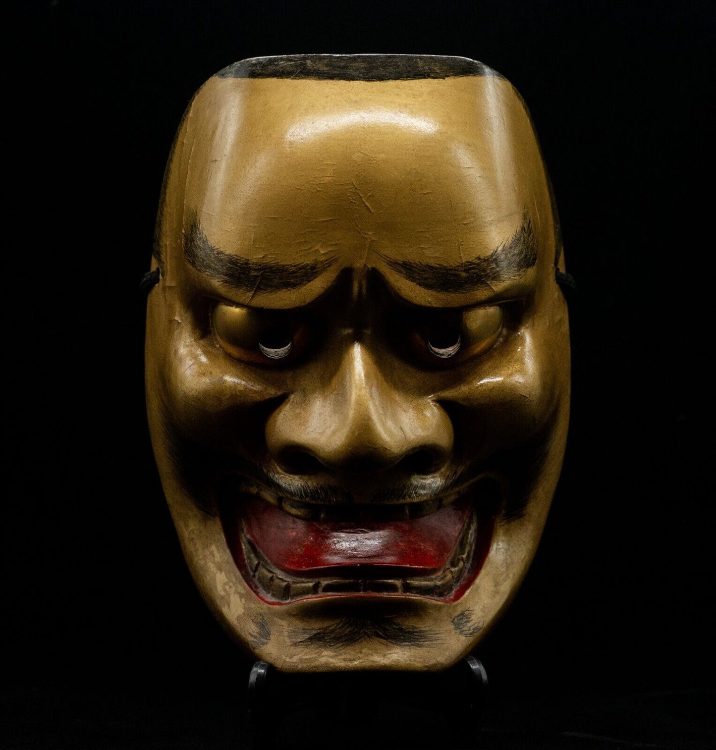 HQ Signed Wooden Noh Mask w/Bag Kurohige Brass Eyes Men Japanese Antique Vintage