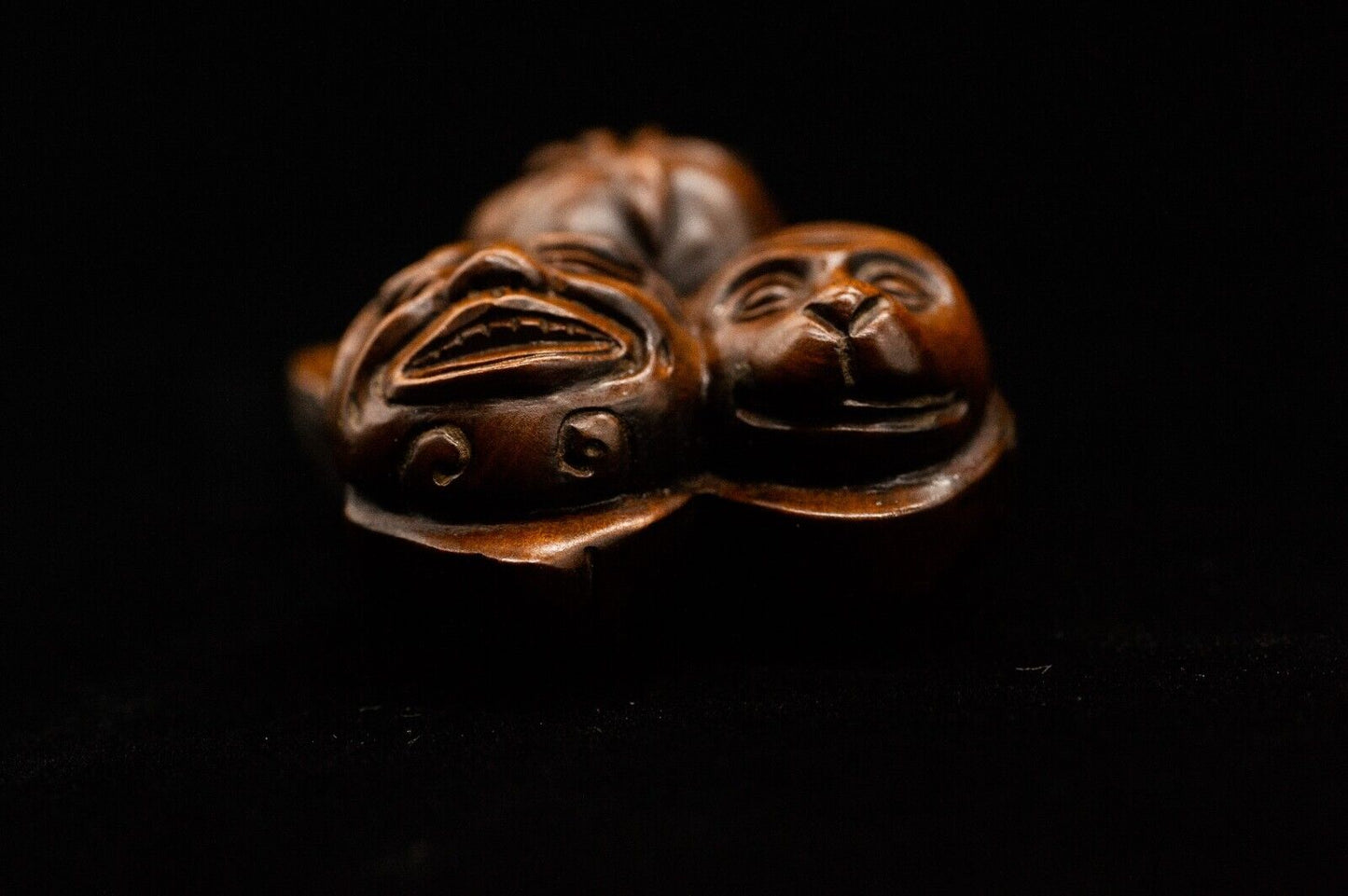 Signed Wooden NETSUKE Faces Japanese Antique Vintage