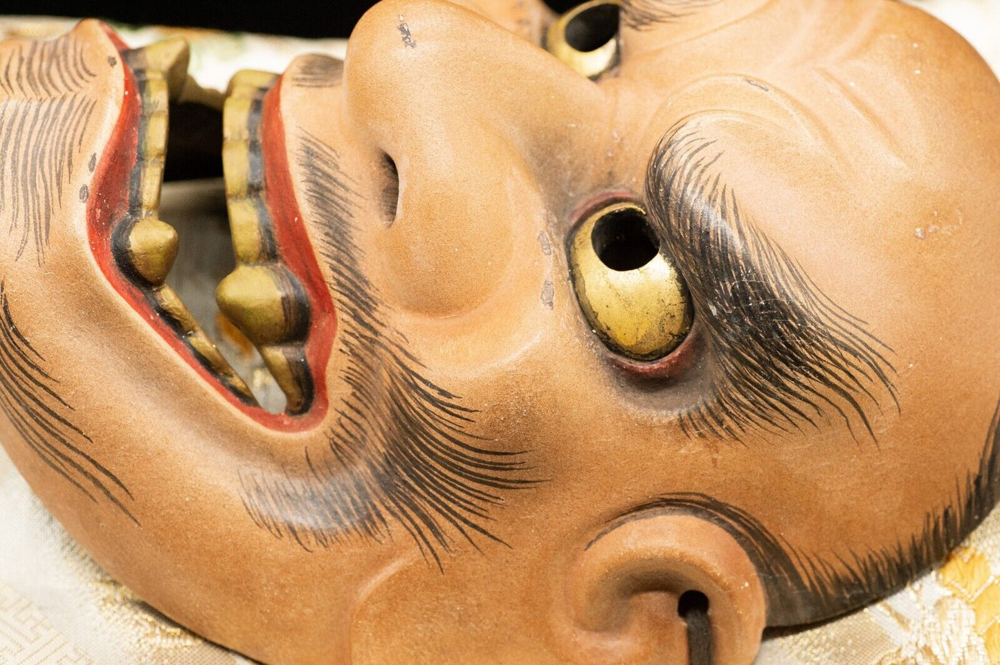 HQ Signed Wooden Noh Mask Brass Eyes w/Bag Shikami 顰 Noh Men Japanese Vintage