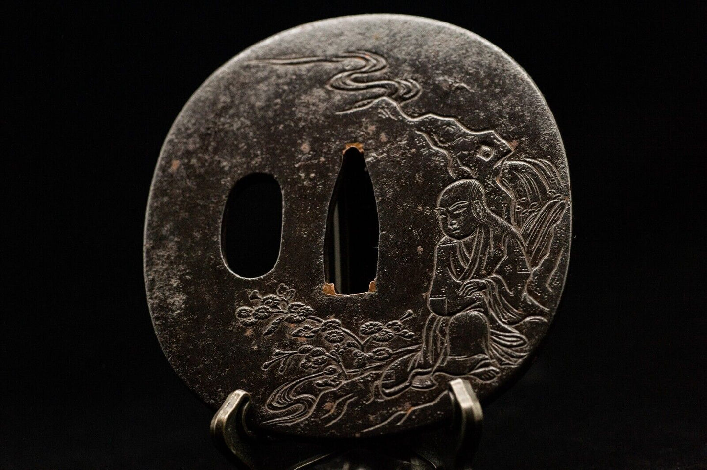 TSUBA Hermit w/BOX Iron SAMURAI Sword Guard Japanese Antique Vintage