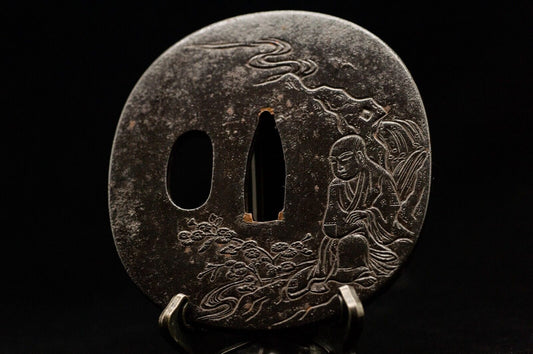 TSUBA Hermit w/BOX Iron SAMURAI Sword Guard Japanese Antique Vintage