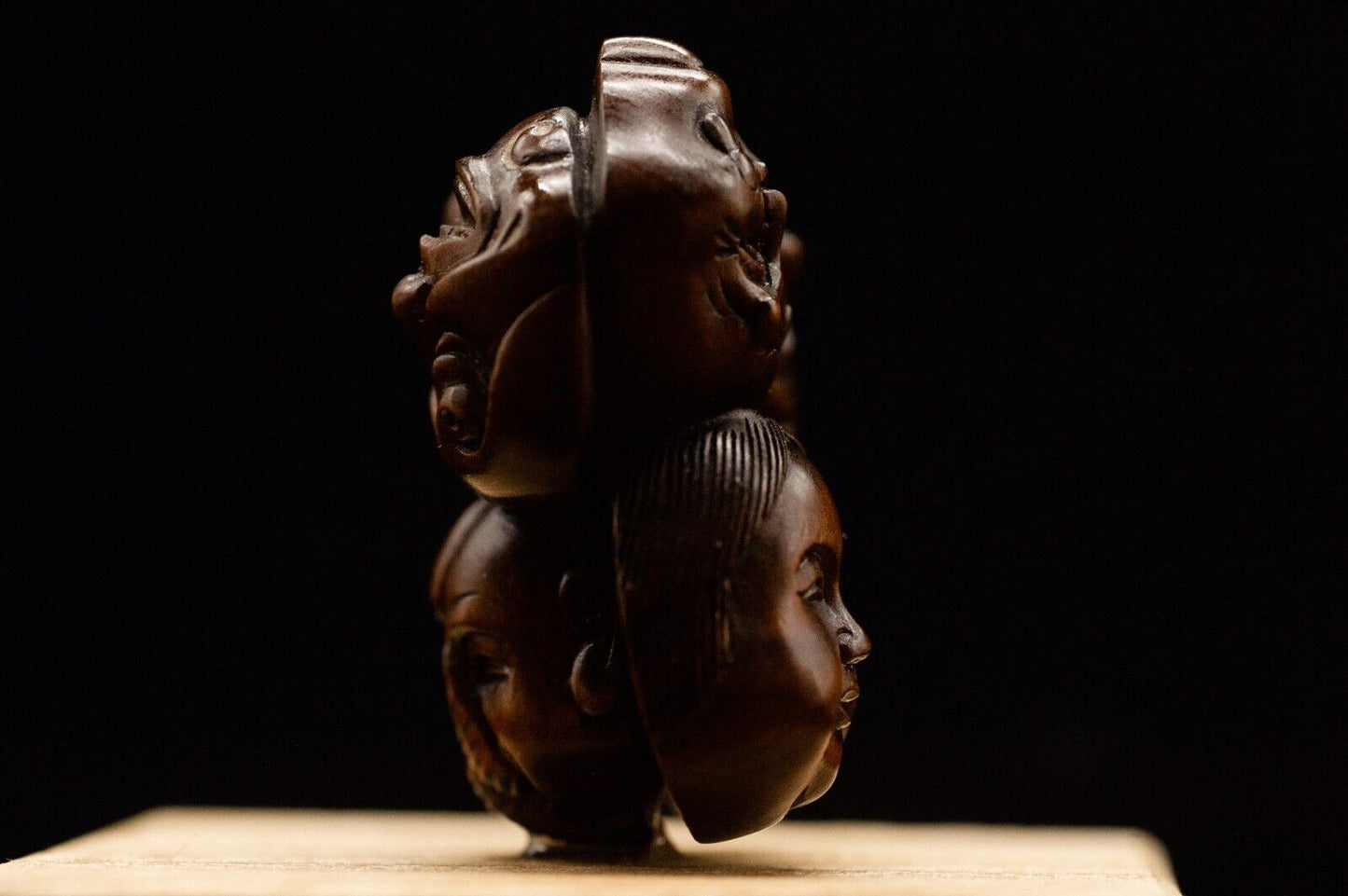 Signed Wooden NETSUKE Faces Japanese Antique Vintage