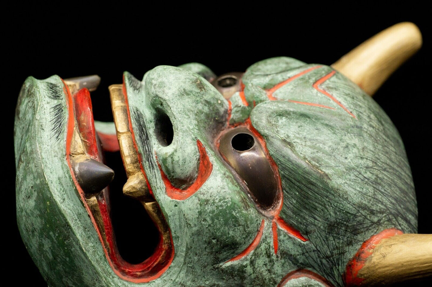 HQ Signed Wooden Noh Mask Brass Eyes/Fangs Demon Men Japanese Antique Vintage