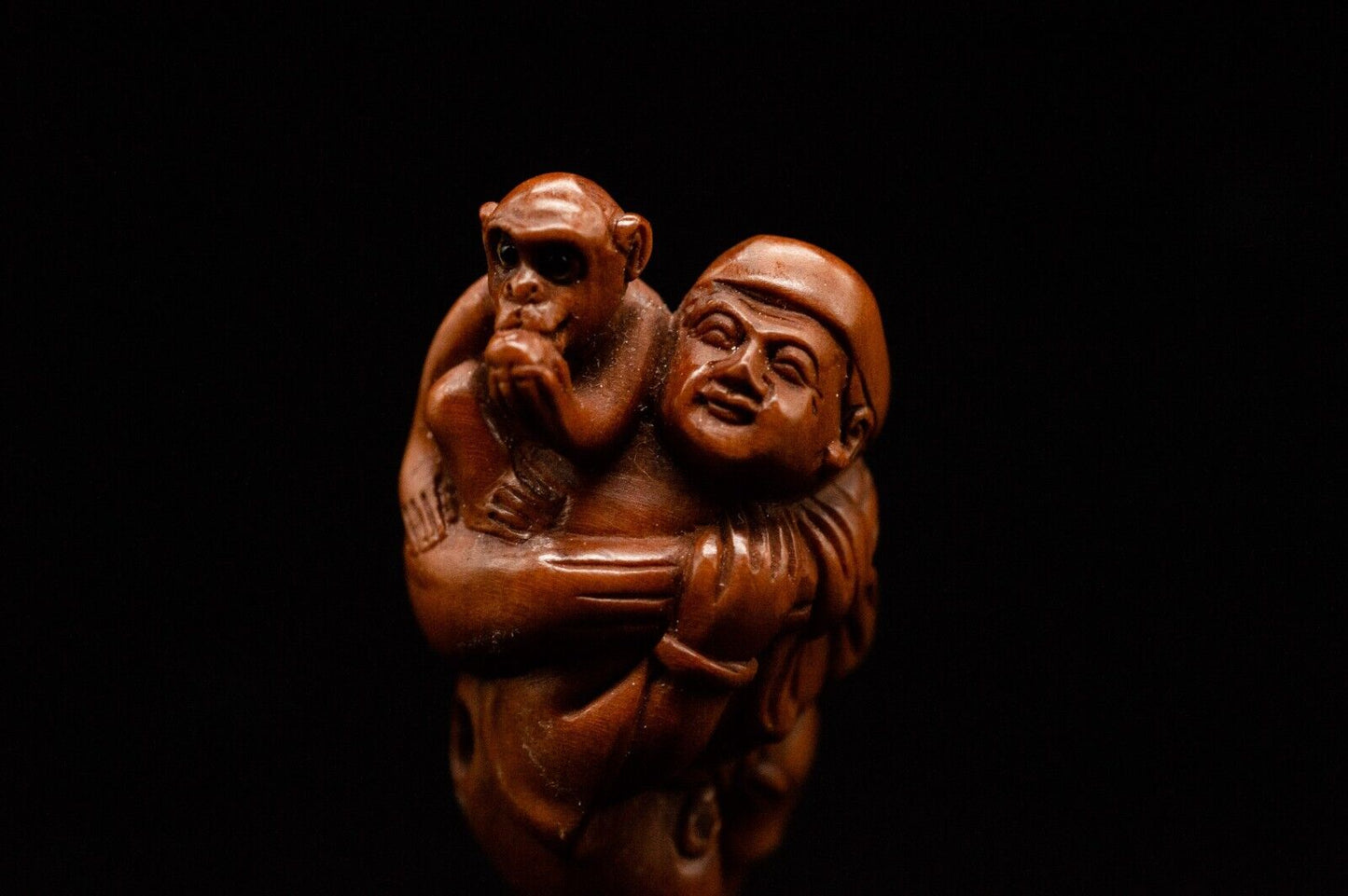 Signed Wooden NETSUKE Monkey trainer Japanese Antique Vintage