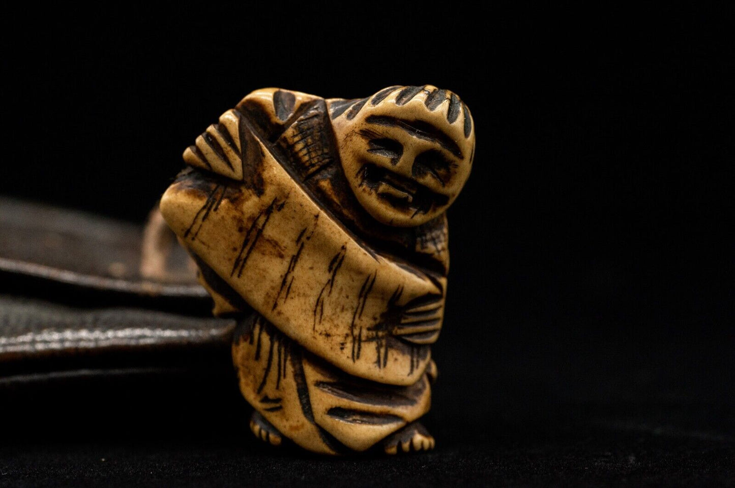 Stag Antler NETSUKE Wiseman and Bag Japanese Edo - Meiji Antique Vintage