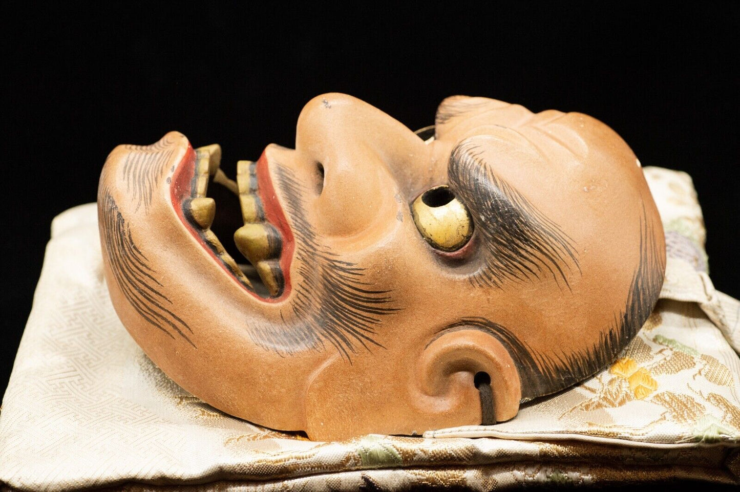 HQ Signed Wooden Noh Mask Brass Eyes w/Bag Shikami 顰 Noh Men Japanese Vintage