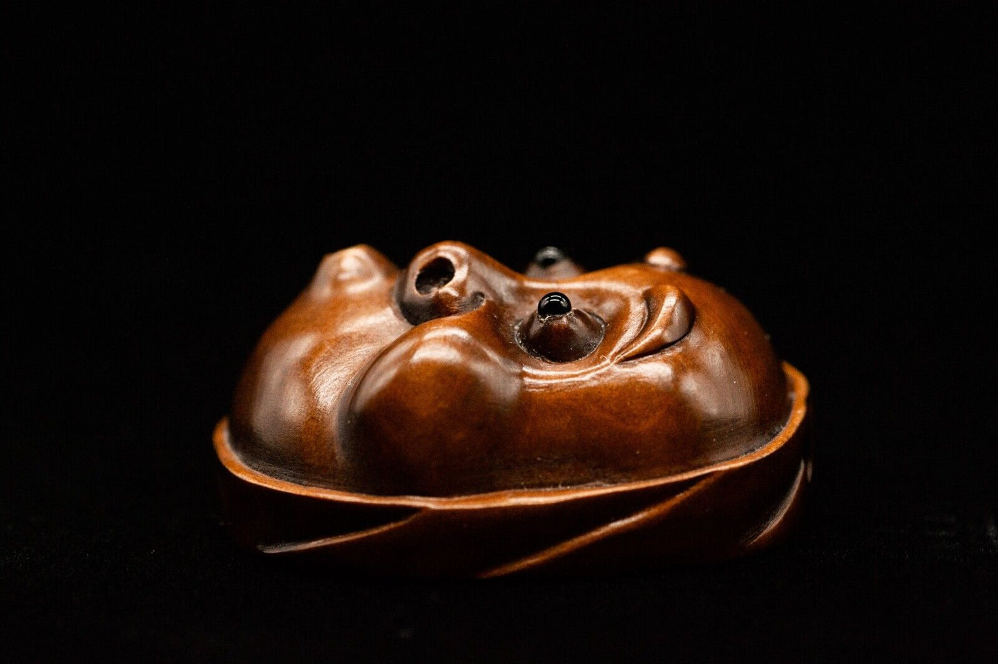 Signed Wooden NETSUKE Hyottoko 火男 Japanese Antique Vintage