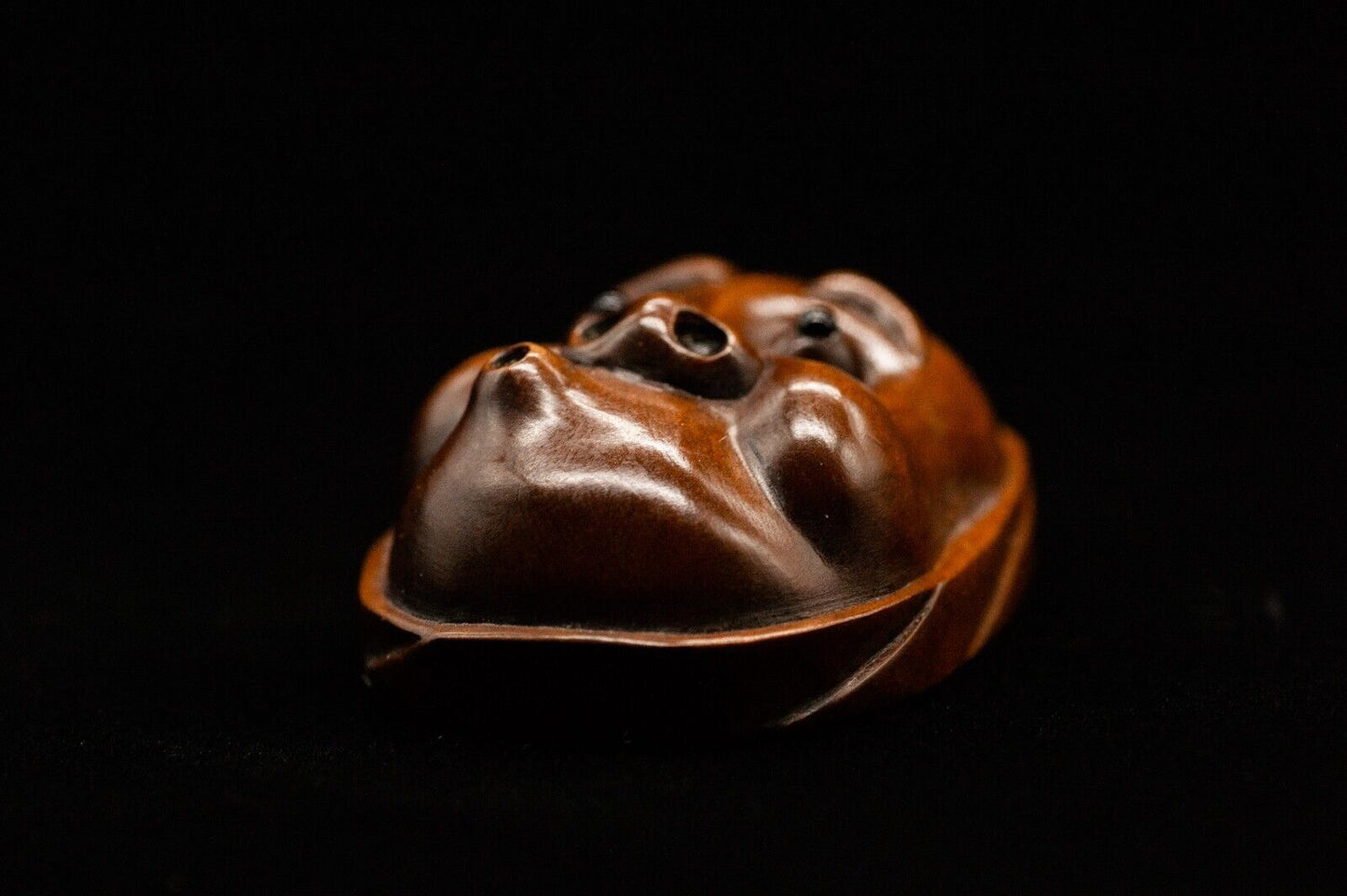 Signed Wooden NETSUKE Hyottoko 火男 Japanese Antique Vintage