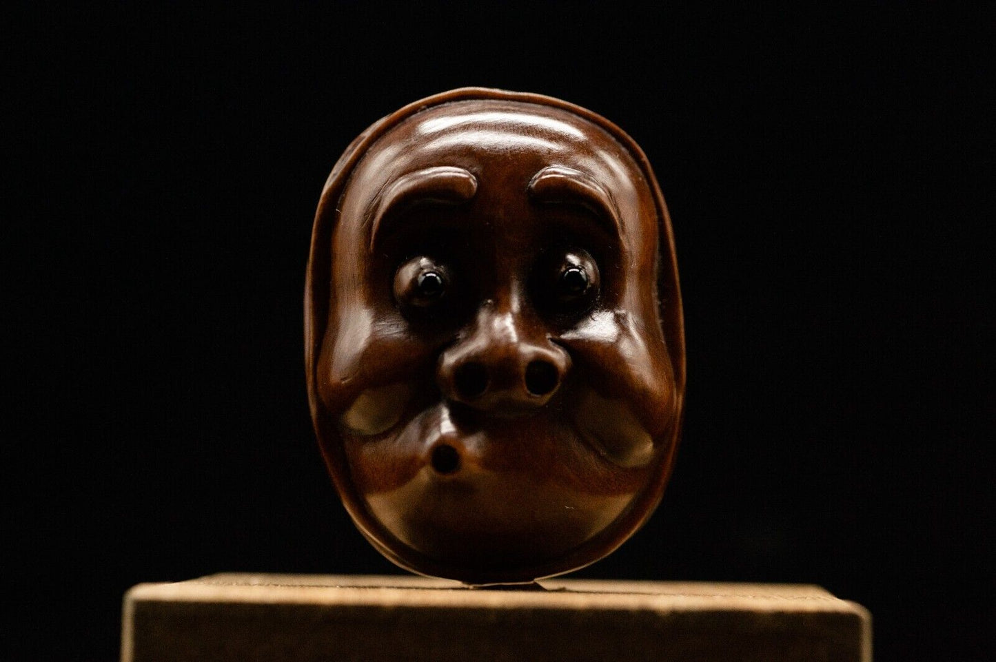 Signed Wooden NETSUKE Hyottoko 火男 Japanese Antique Vintage