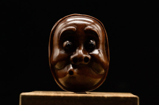 Signed Wooden NETSUKE Hyottoko 火男 Japanese Antique Vintage