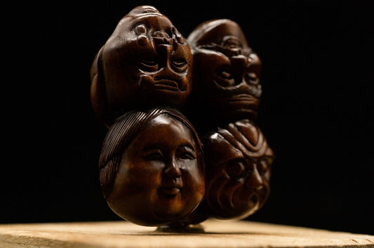 Signed Wooden NETSUKE Faces Japanese Antique Vintage