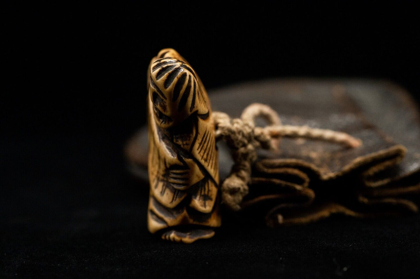 Stag Antler NETSUKE Wiseman and Bag Japanese Edo - Meiji Antique Vintage