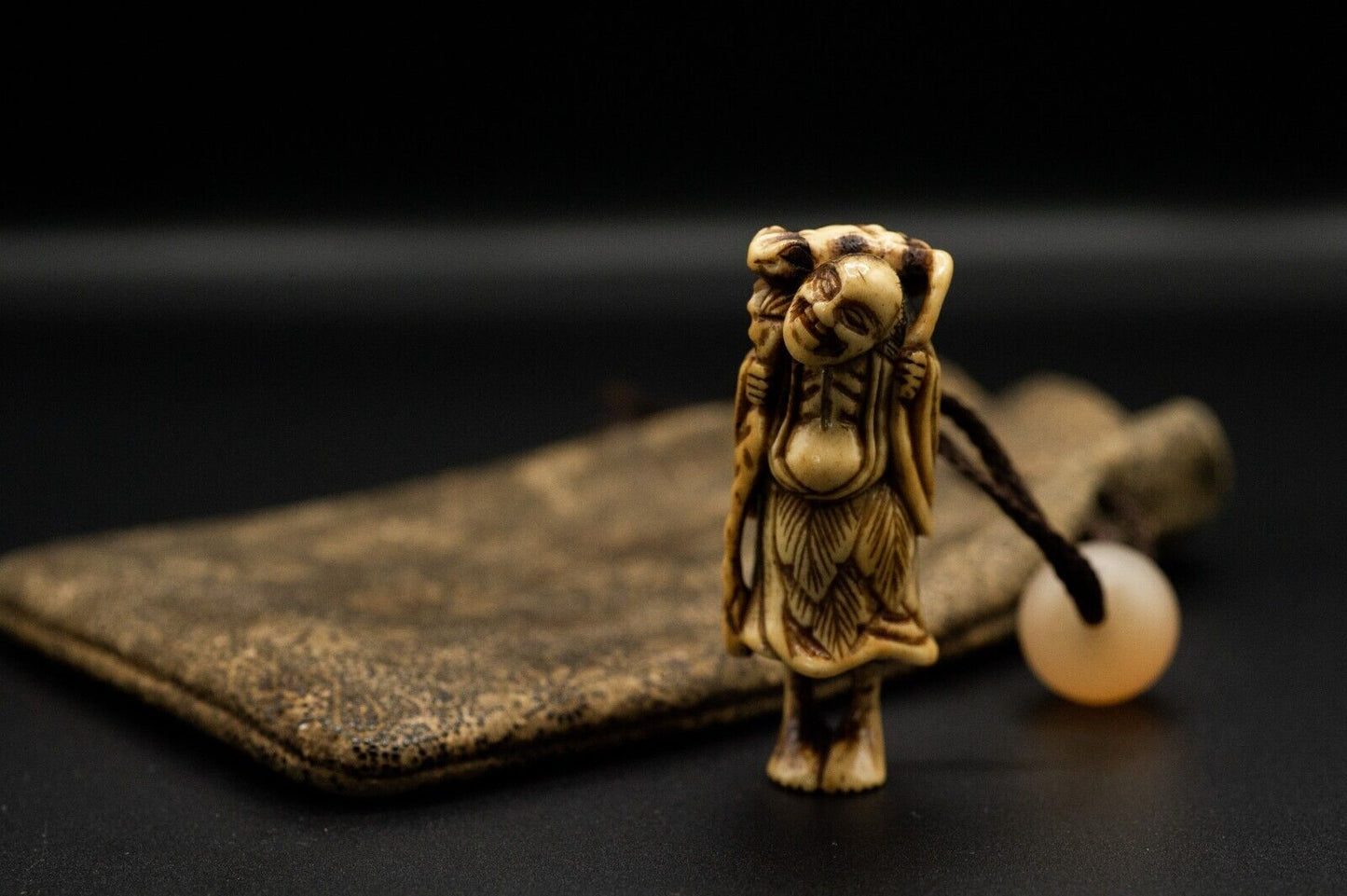 Stag Antler NETSUKE Hermit w/Bag Japanese Edo - Meiji Antique Vintage