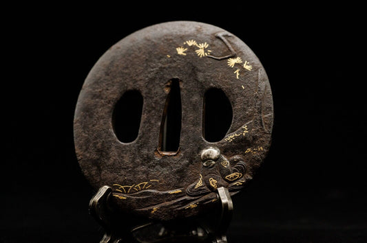 TSUBA Iron Gold & Silver Inlay SAMURAI Sword Guard Japanese Edo Period Antique