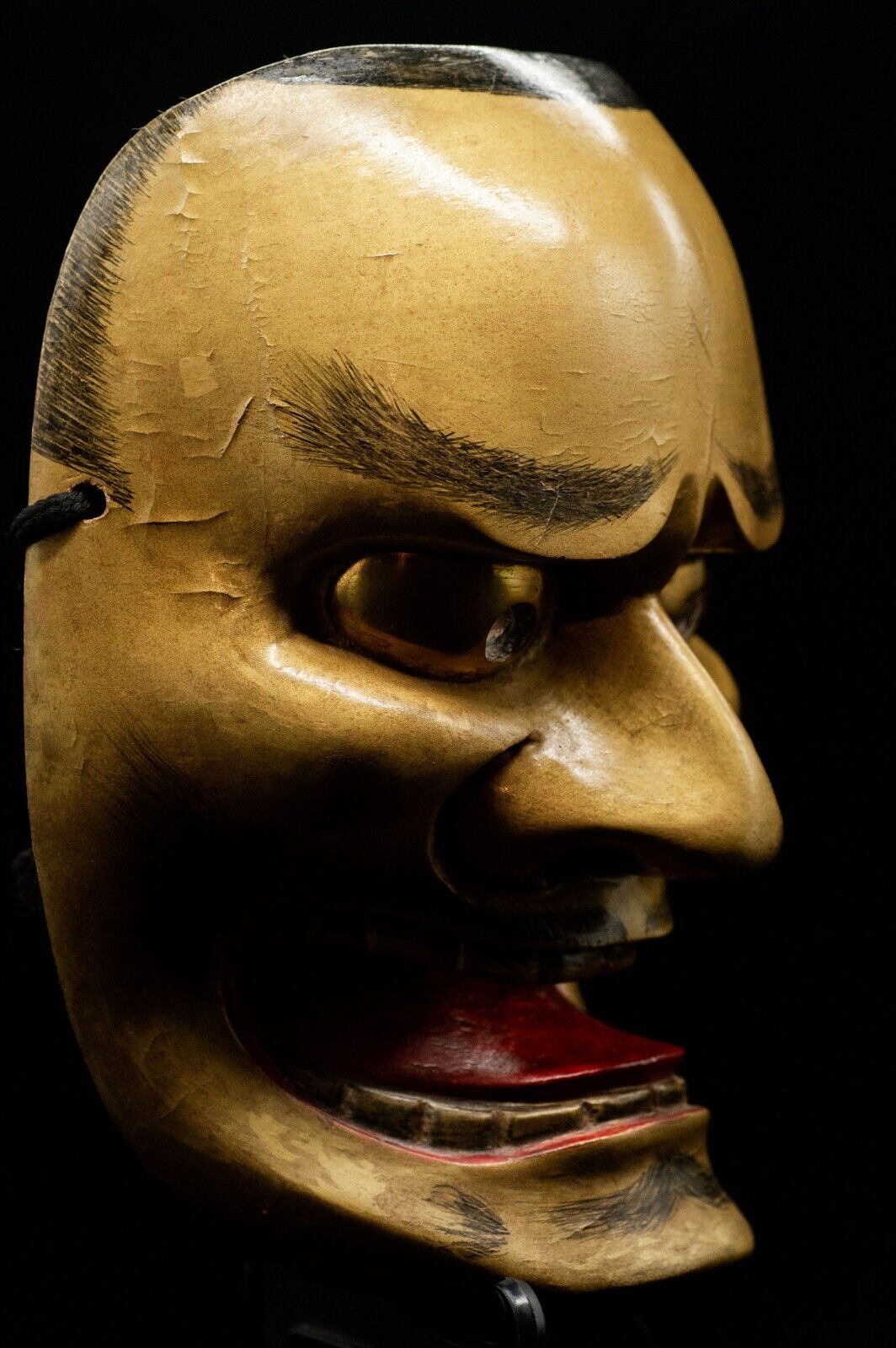 HQ Signed Wooden Noh Mask w/Bag Kurohige Brass Eyes Men Japanese Antique Vintage