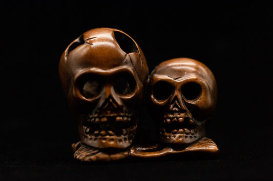 Signed Wooden NETSUKE Skulls Japanese Antique Vintage