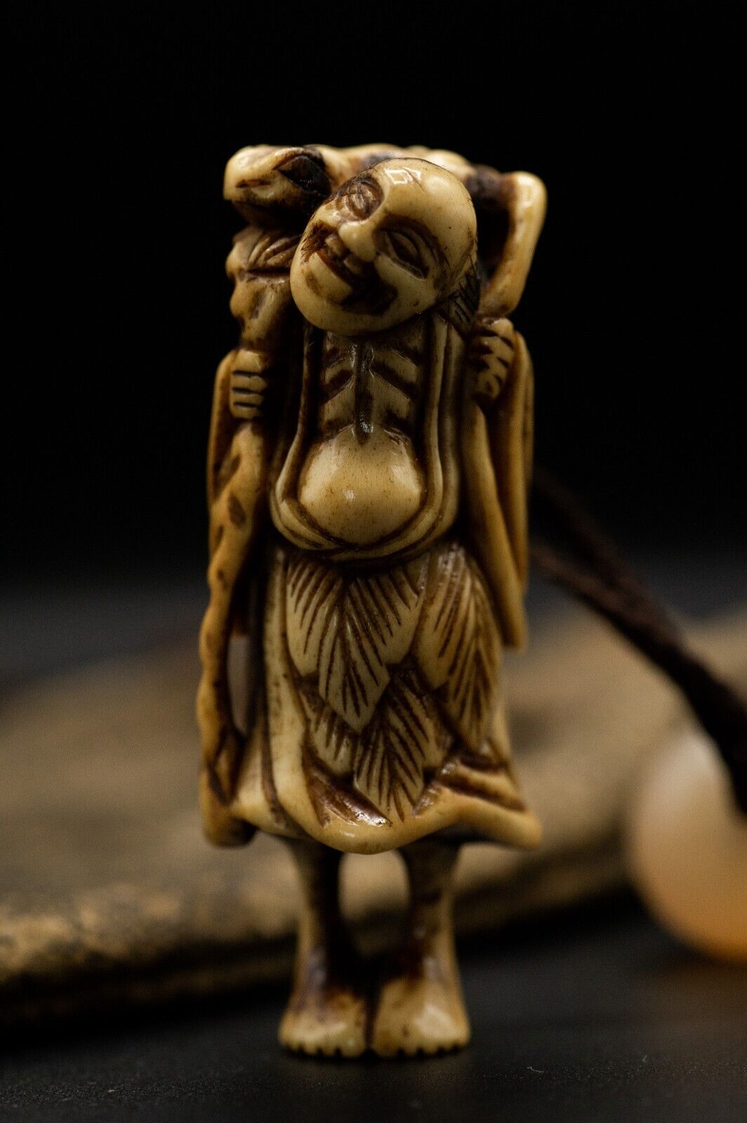 Stag Antler NETSUKE Hermit w/Bag Japanese Edo - Meiji Antique Vintage