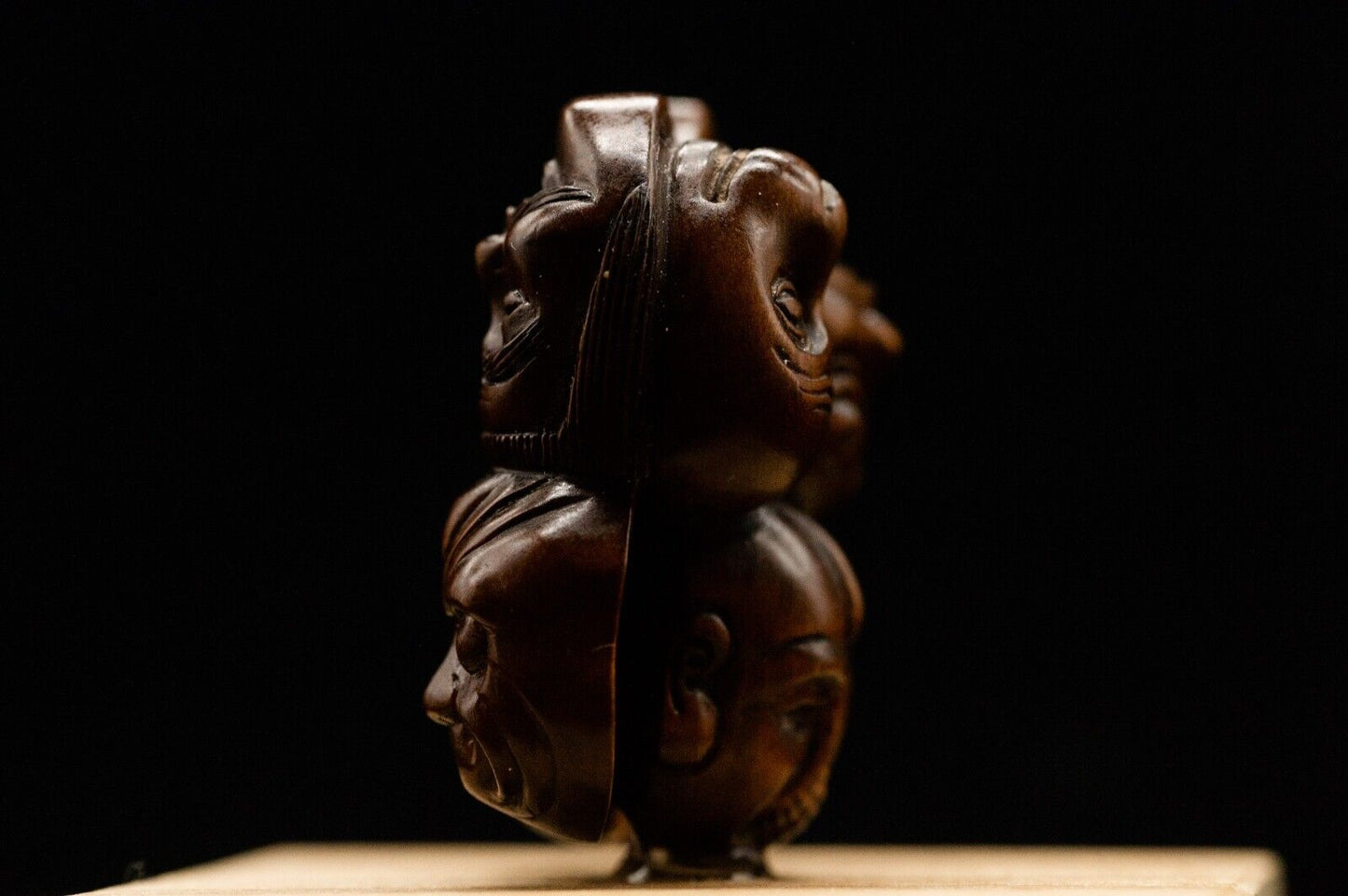 Signed Wooden NETSUKE Faces Japanese Antique Vintage