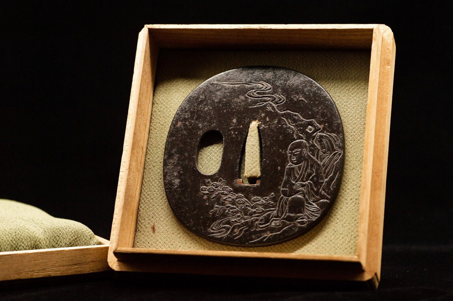 TSUBA Hermit w/BOX Iron SAMURAI Sword Guard Japanese Antique Vintage