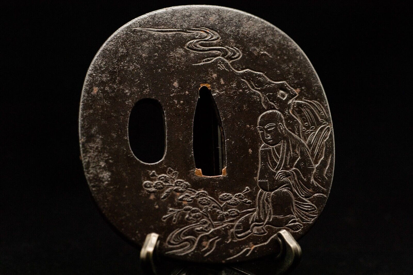 TSUBA Hermit w/BOX Iron SAMURAI Sword Guard Japanese Antique Vintage