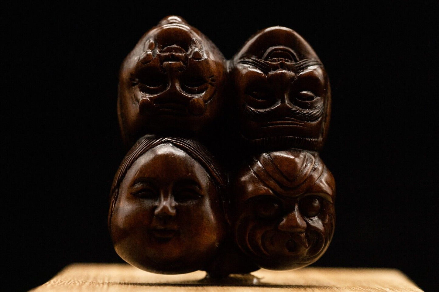 Signed Wooden NETSUKE Faces Japanese Antique Vintage