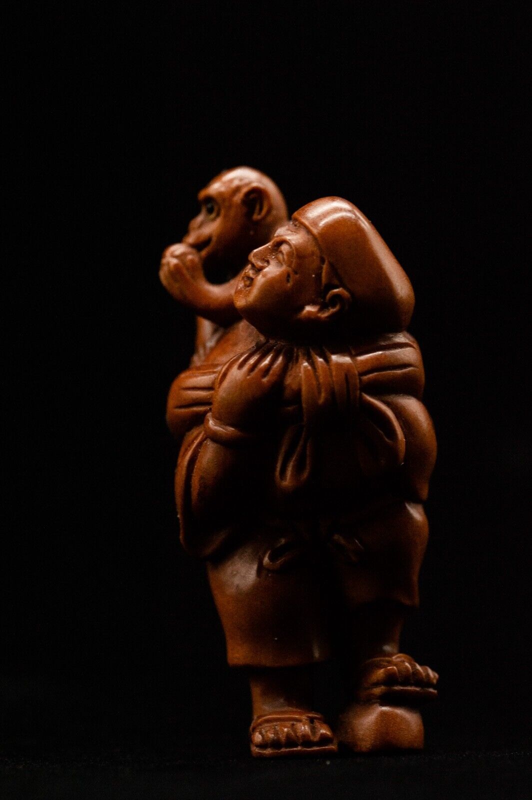 Signed Wooden NETSUKE Monkey trainer Japanese Antique Vintage