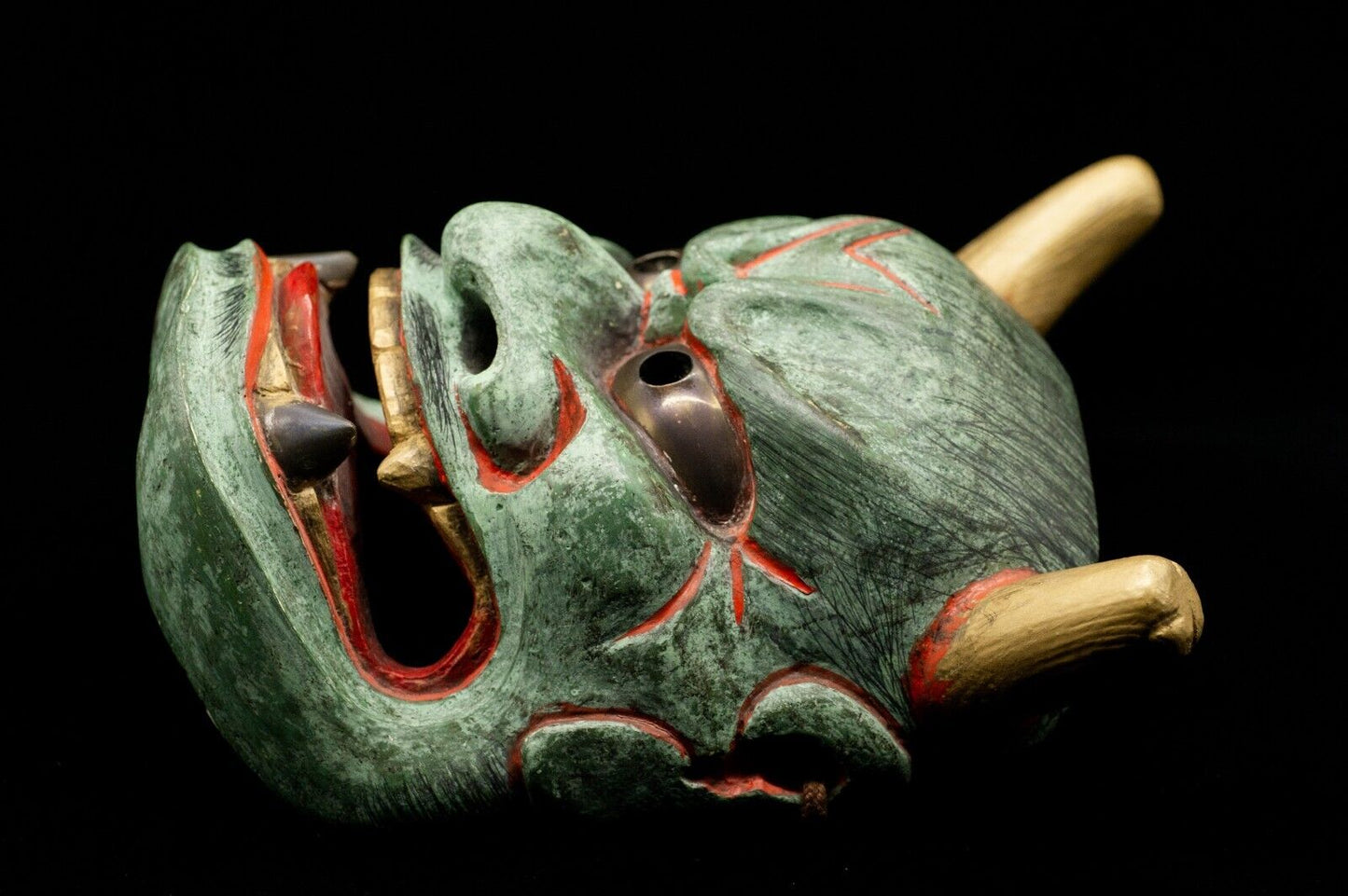 HQ Signed Wooden Noh Mask Brass Eyes/Fangs Demon Men Japanese Antique Vintage