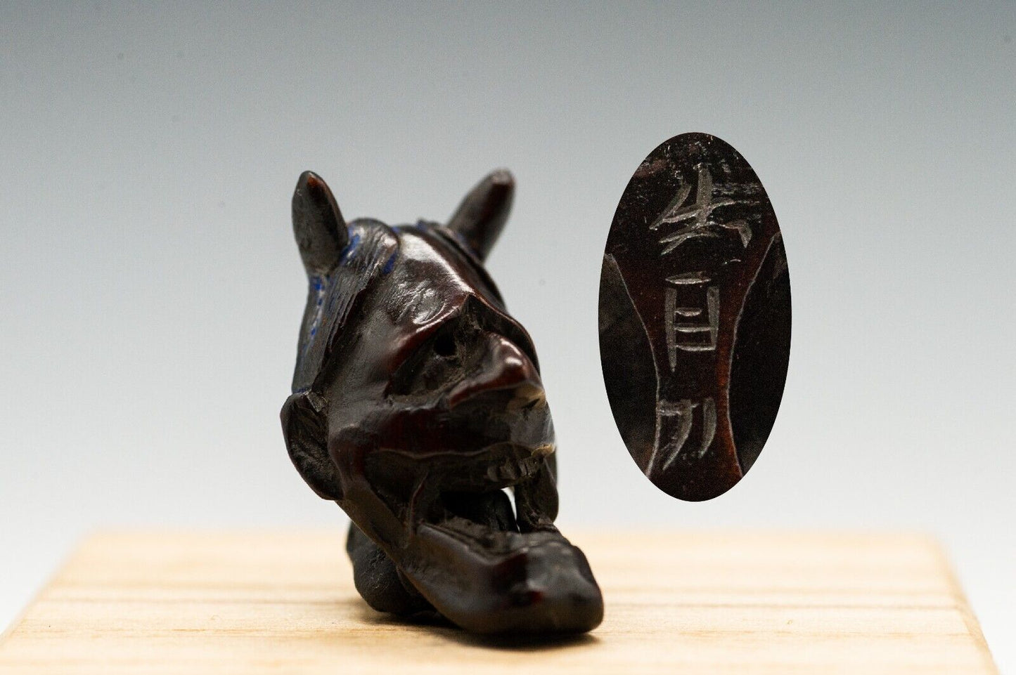 Signed NETSUKE Noh Mask Hannya 出目刀 Deme Katana Made Jpanese Antique Edo Period