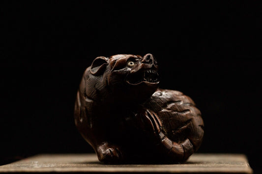 Signed Wooden NETSUKE Shishi Lion-dog Japanese Antique Vintage