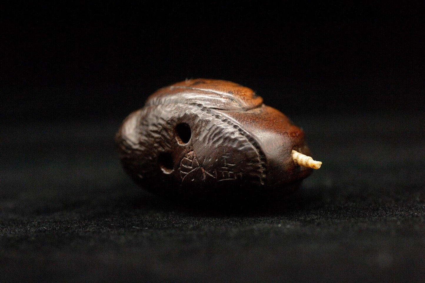 Signed Wooden Edo Period NETSUKE Minko Made, Worm‐eaten Chestnut 1740-1816