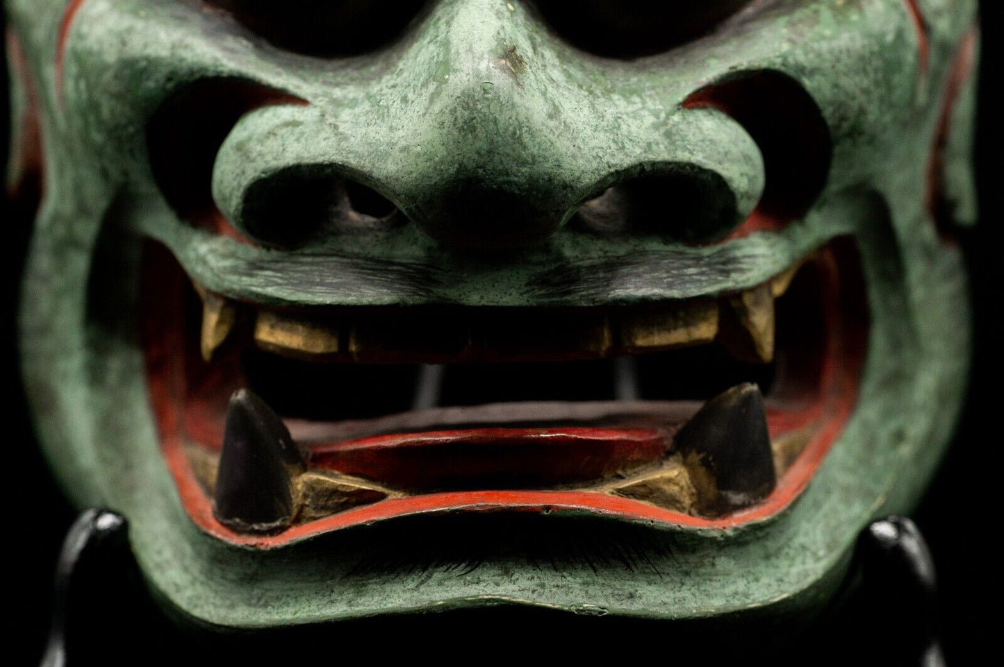 HQ Signed Wooden Noh Mask Brass Eyes/Fangs Demon Men Japanese Antique Vintage