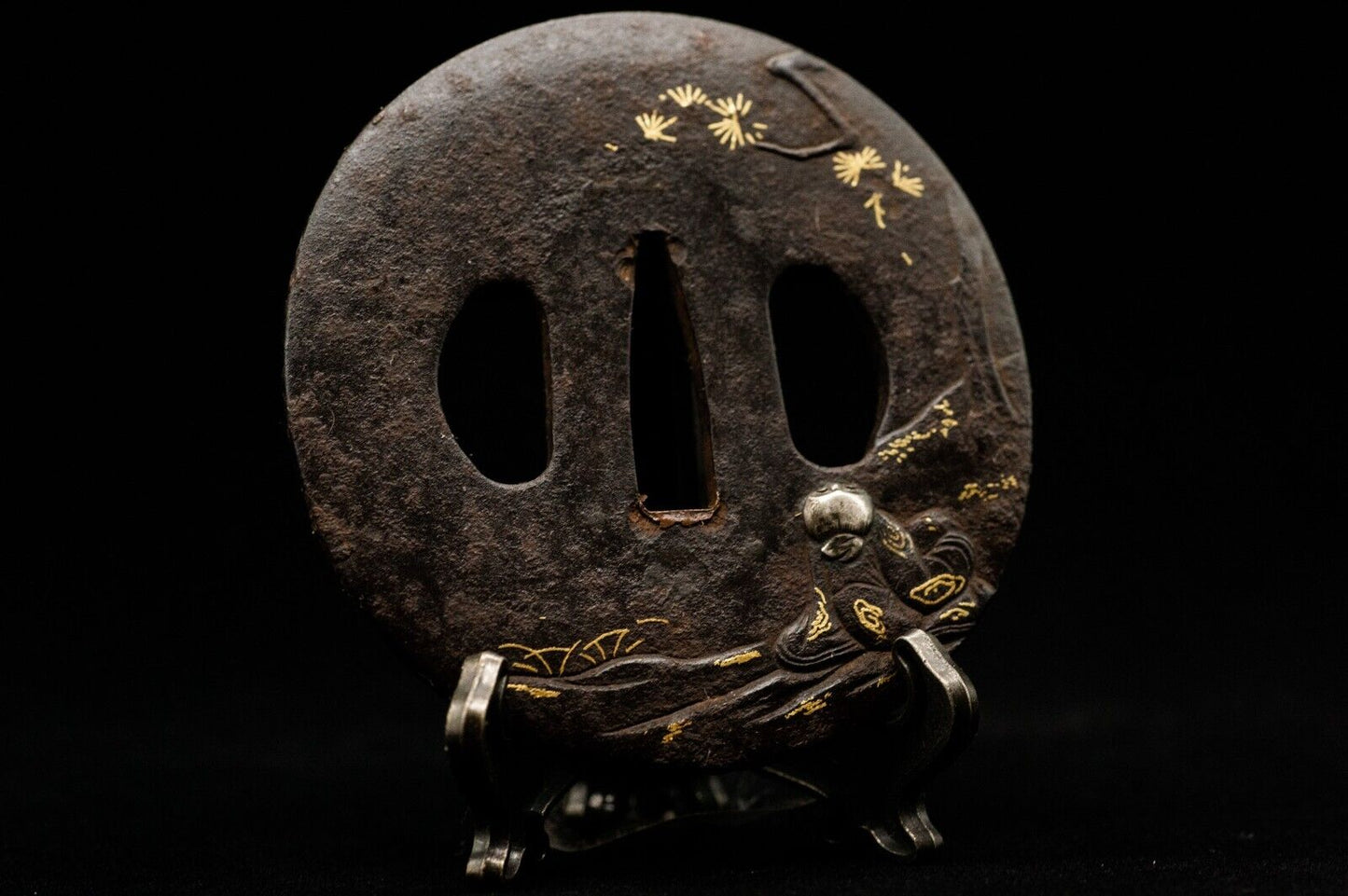 TSUBA Iron Gold & Silver Inlay SAMURAI Sword Guard Japanese Edo Period Antique