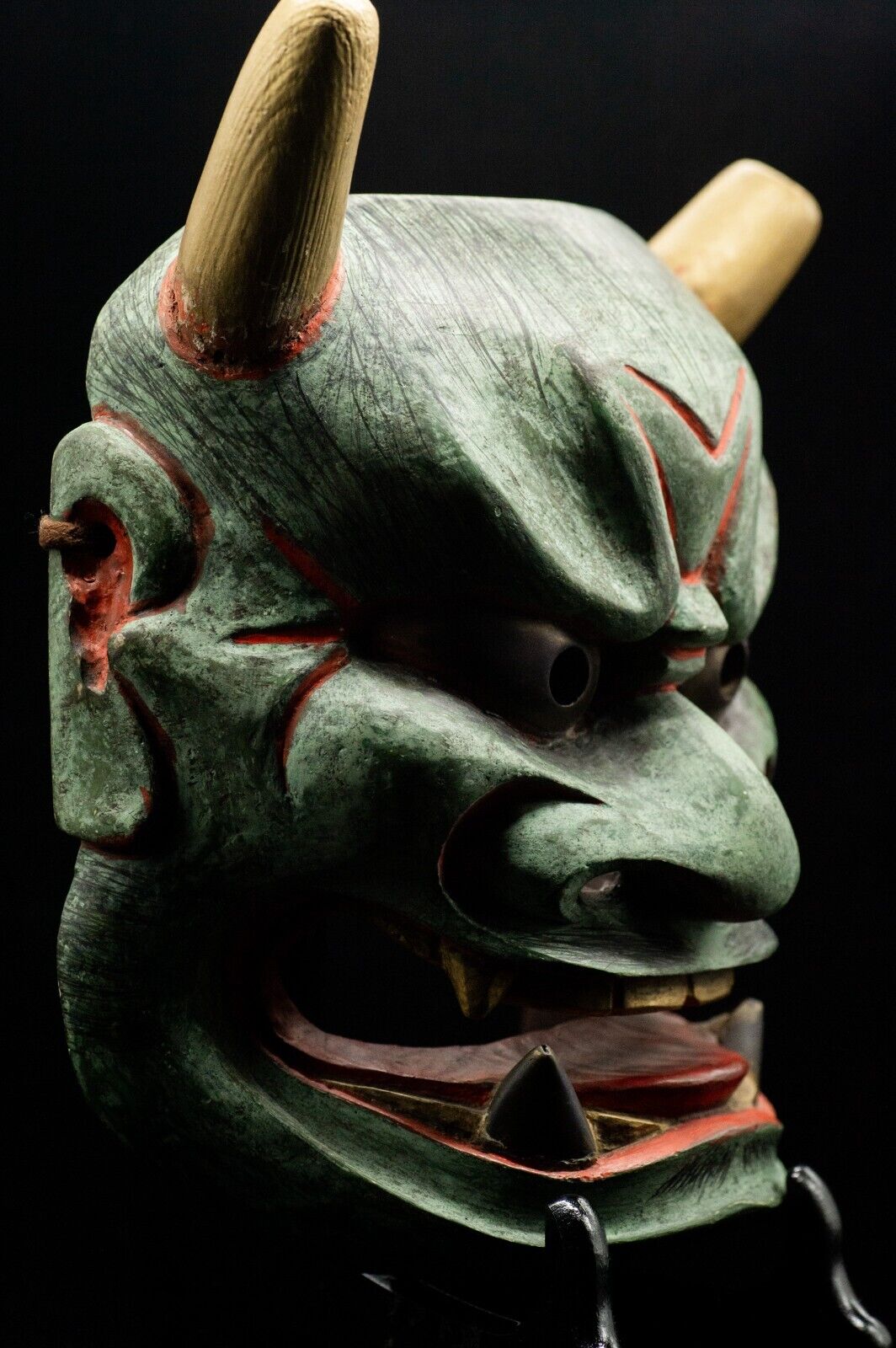 HQ Signed Wooden Noh Mask Brass Eyes/Fangs Demon Men Japanese Antique Vintage