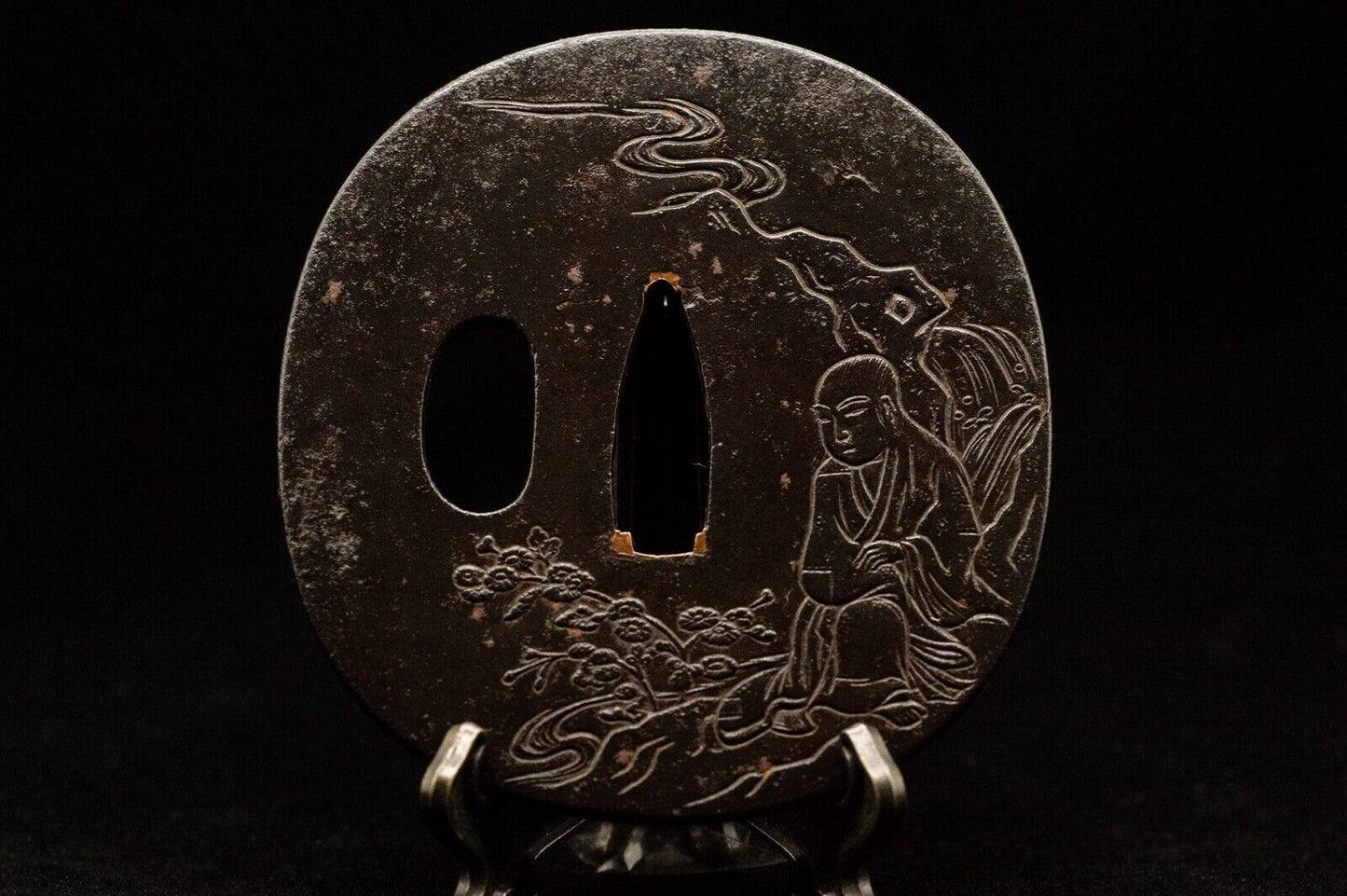 TSUBA Hermit w/BOX Iron SAMURAI Sword Guard Japanese Antique Vintage