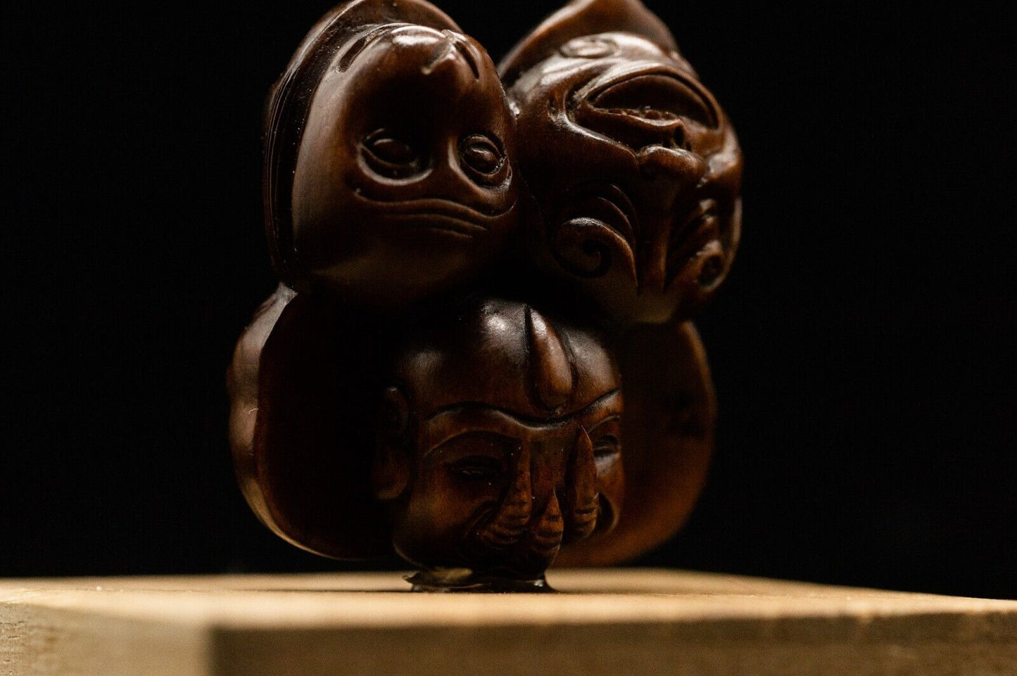 Signed Wooden NETSUKE Faces Japanese Antique Vintage