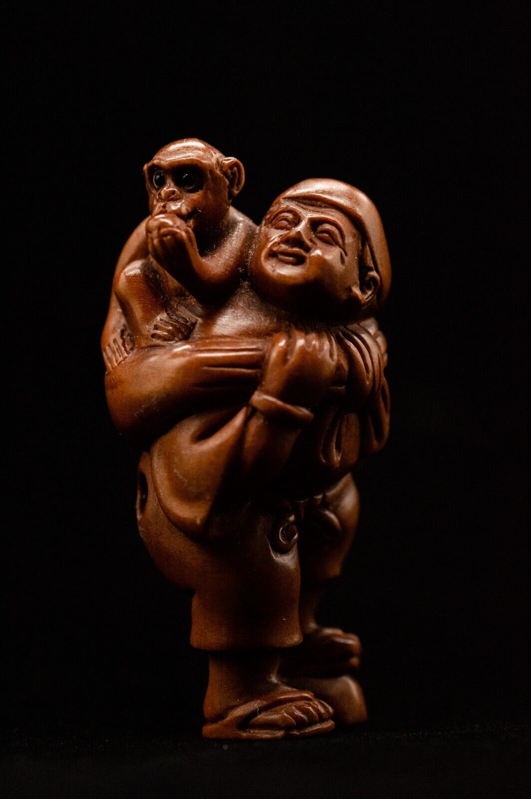 Signed Wooden NETSUKE Monkey trainer Japanese Antique Vintage