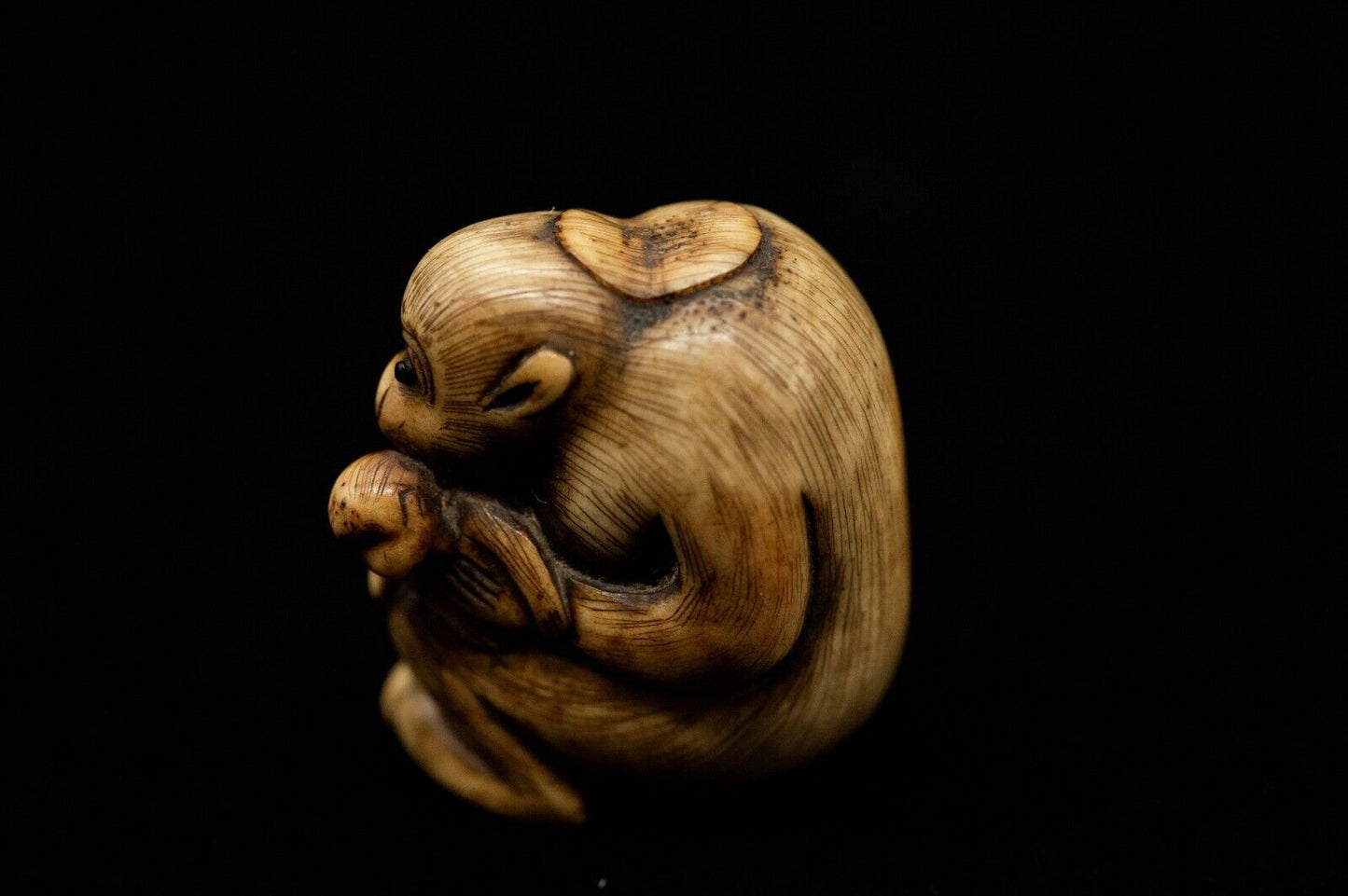 Stag Antler NETSUKE Monkey has baby Japanese Edo - Meiji Antique Vintage