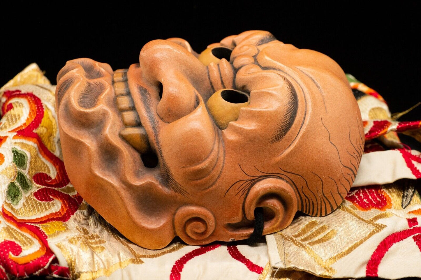 HQ Signed Wooden Noh Mask Demon Oni w/Bag Noh Men Japanese Vintage