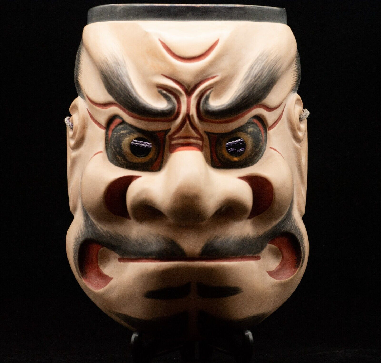 HQ Signed Wooden Noh Mask Brass Eyes Beshimi 癋見 Noh Men Japanese Vintage