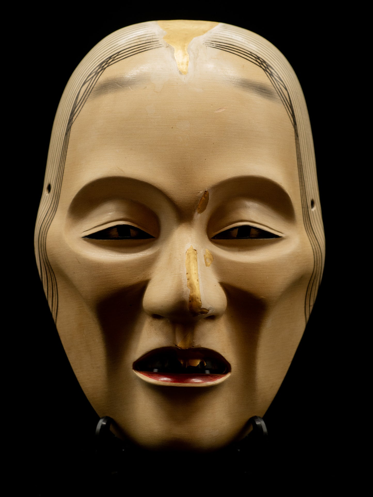 Signed Wooden Noh Mask Old Woman restored using traditional KINTSUGI technique